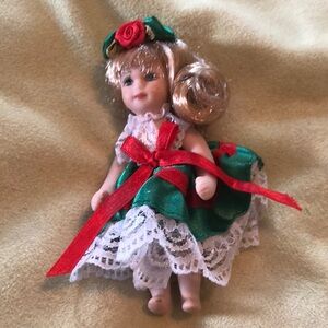 Miniature Vintage red/green dress Collectible Jointed Toy Bisque Doll